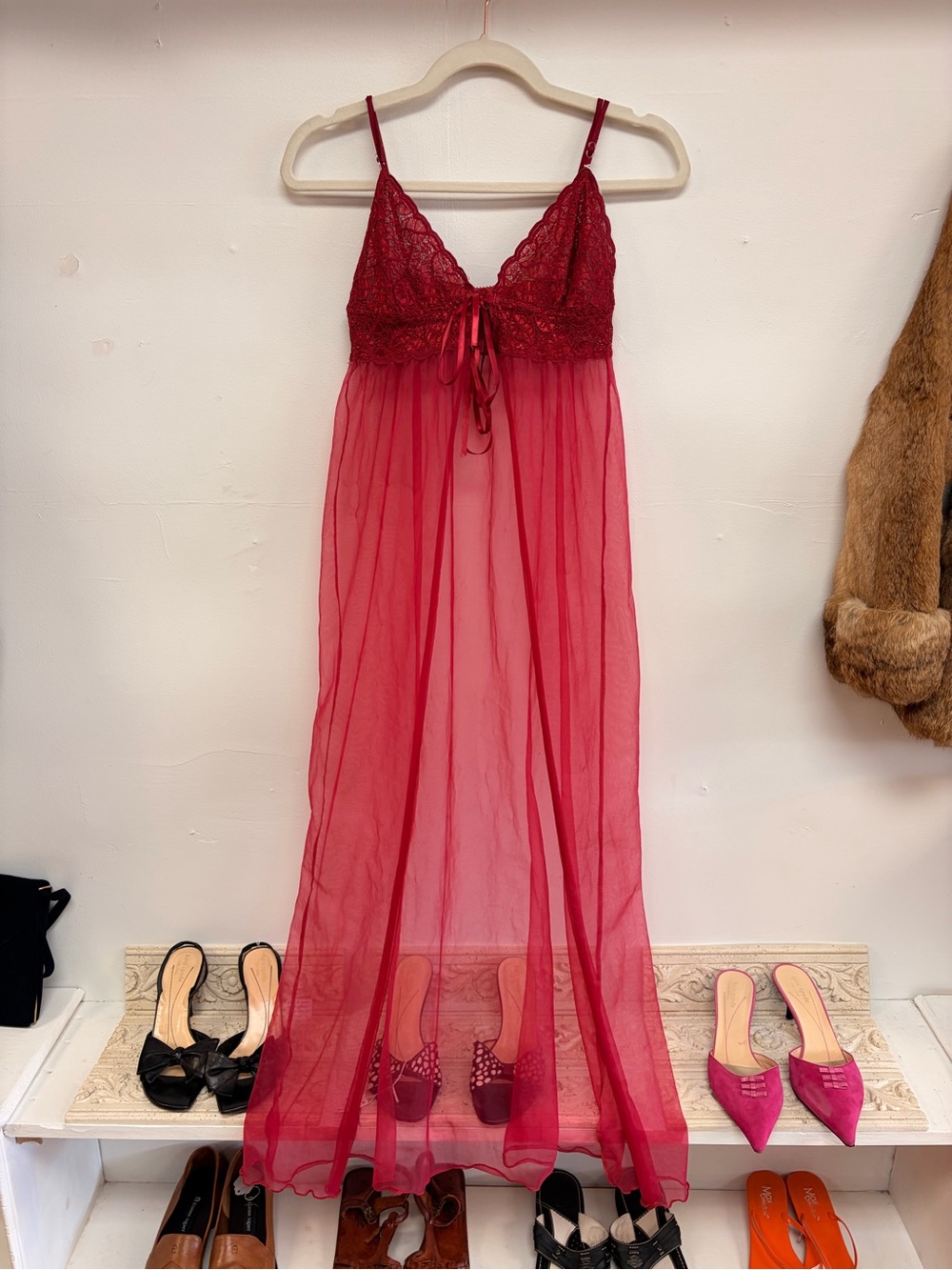 Vintage 1980’s pink lace & sheer tulle spaghetti strap nightgown duster - Picture 3 of 7